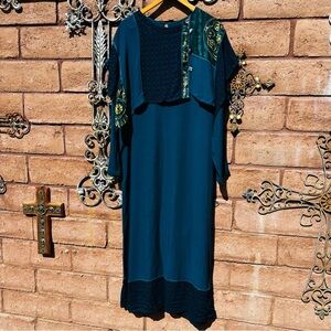 Vintage 80s FAITH Maxi Dress Large Lagenlook  Long Sleeve Artsy Beaded  90s